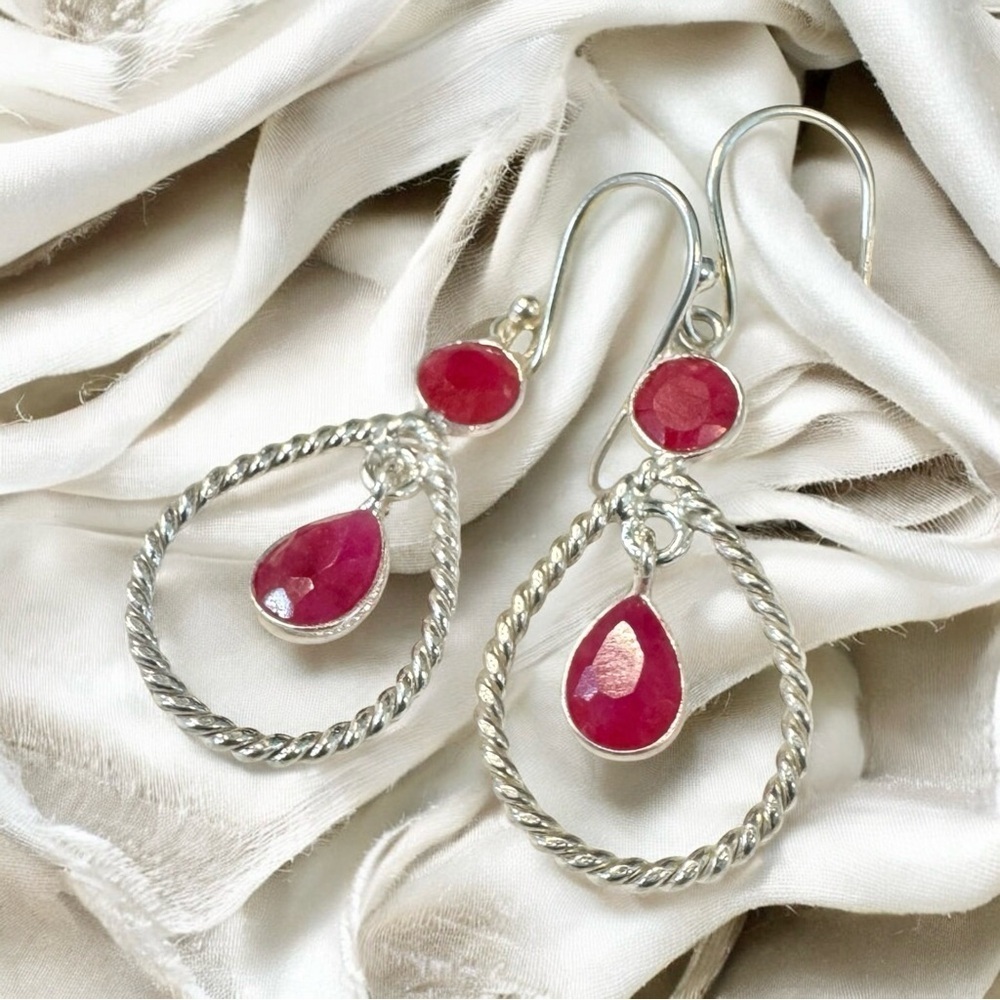 Raw Ruby Teardrop Sterling Silver Dangle Earrings - image 2